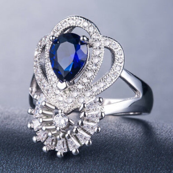 925 silver Luxury Water Drop Blue Sapphire Ring - Picture 5 of 11